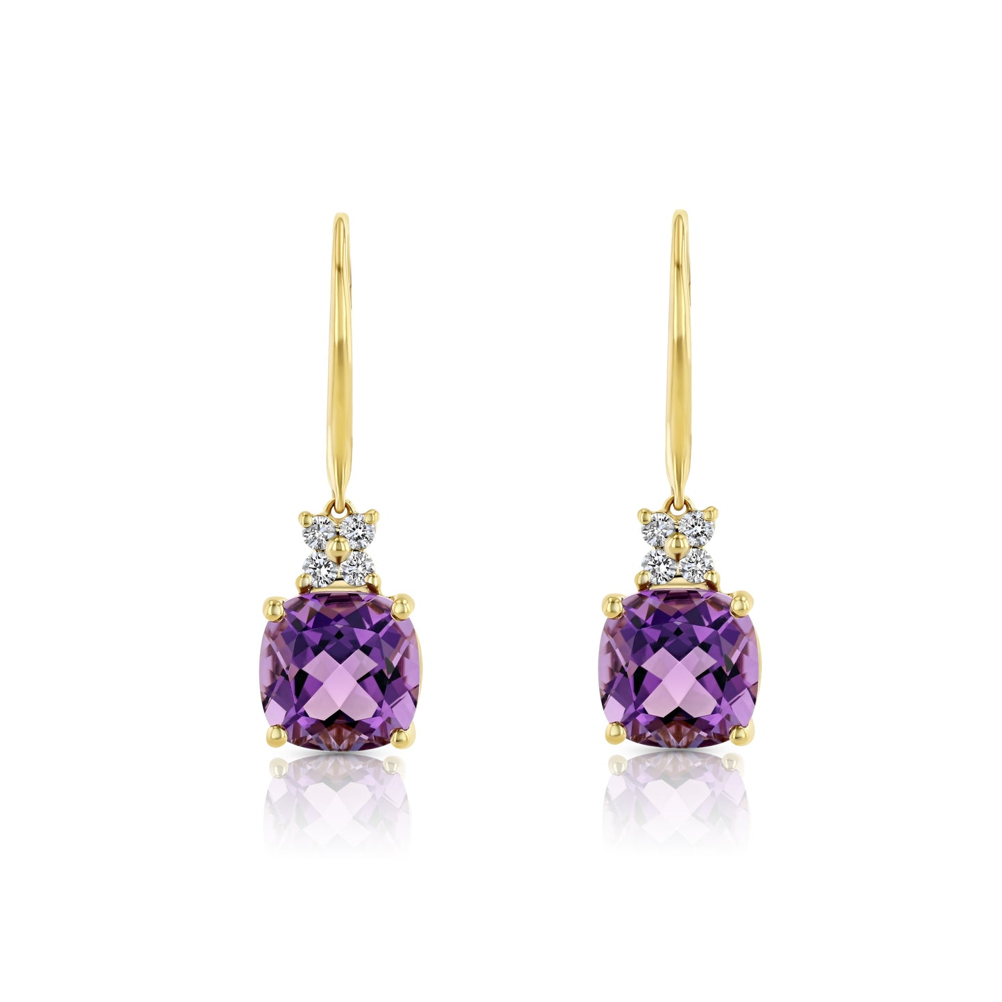 Cushion Amethyst and Diamond Leverback Earrings in 14k Yellow Gold 1/6ctw