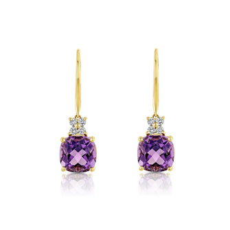 Cushion Amethyst and Diamond Leverback Earrings in 14k Yellow Gold 1/6ctw