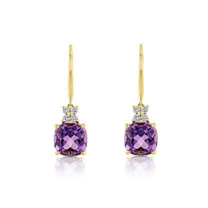 Cushion Amethyst and Diamond Leverback Earrings in 14k Yellow Gold 1/6ctw
