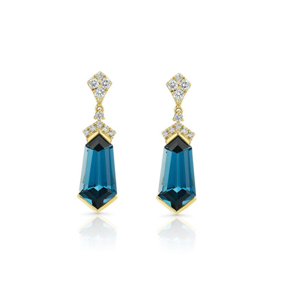 London Blue Topaz and Diamond Shield Drop Earrings in 14k Yellow Gold 1/4ctw
