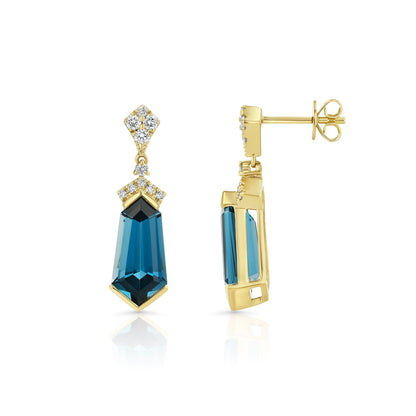 London Blue Topaz and Diamond Shield Drop Earrings in 14k Yellow Gold 1/4ctw