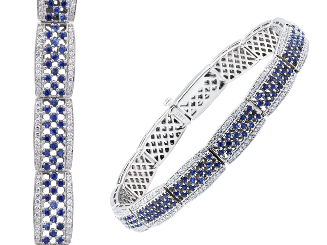 Sapphire & Diamond Pave Links Bracelet In 18k White Gold