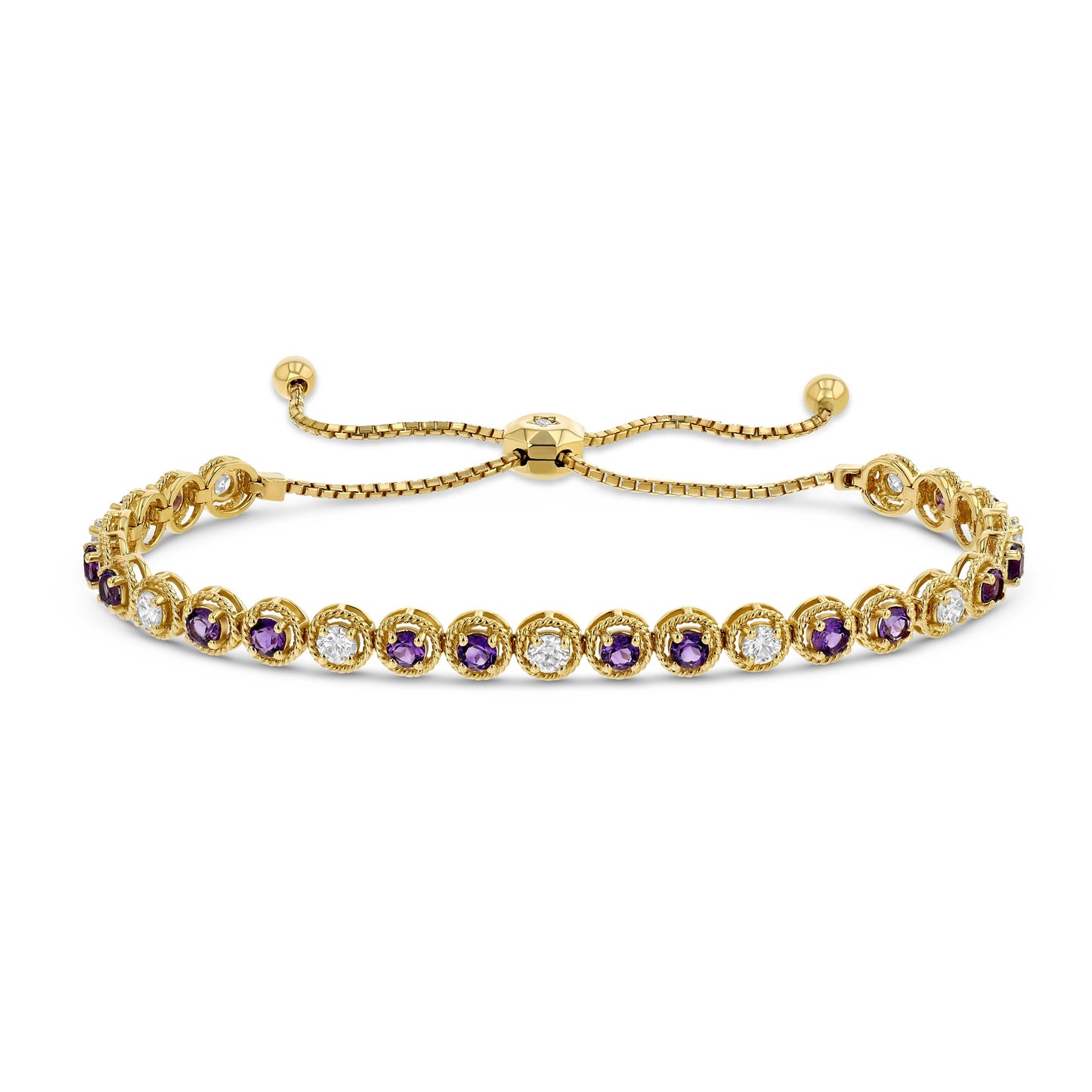 Alternating Amethyst and Diamond Bolo Bracelet in 14k Yellow Gold 1.0ctw