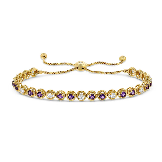 Alternating Amethyst and Diamond Bolo Bracelet in 14k Yellow Gold 1.0ctw