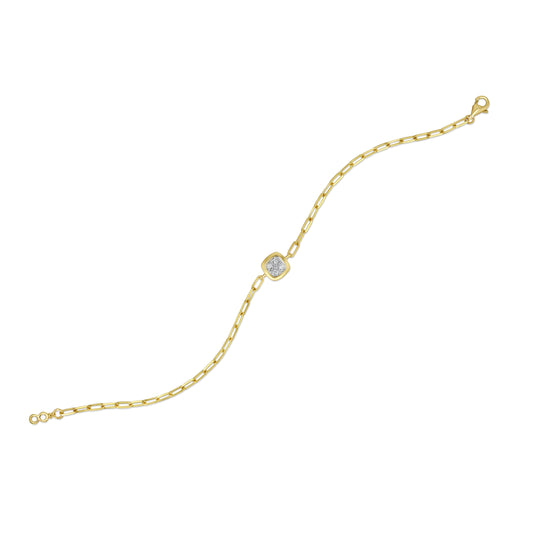 Diamond Paper Clip Bracelet With Cushion Motif in 14K Yellow Gold 1/6ctw