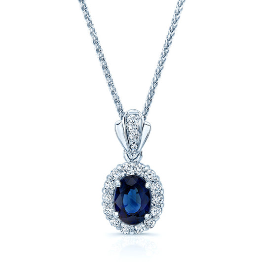 Sapphire And Diamond Oval Princess Pendant In 14k White Gold (16-in Wheat Chain)