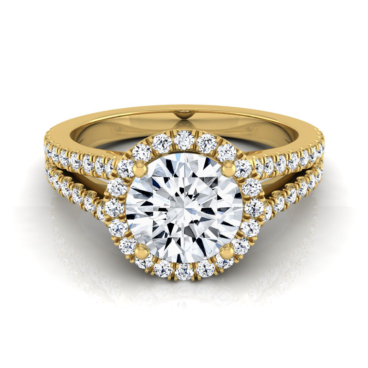 1 3/8ctw Round Diamond Halo Engagement Ring With Pave Split Shank In 14k Yellow Gold, Igi-certified
