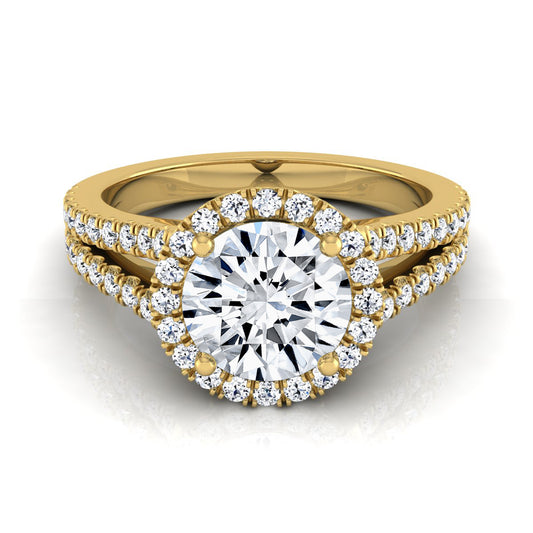 1 3/8ctw Round Diamond Halo Engagement Ring With Pave Split Shank In 14k Yellow Gold, Igi-certified