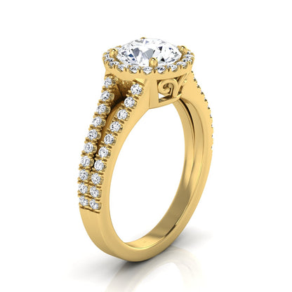 1 3/8ctw Round Diamond Halo Engagement Ring With Pave Split Shank In 14k Yellow Gold, Igi-certified