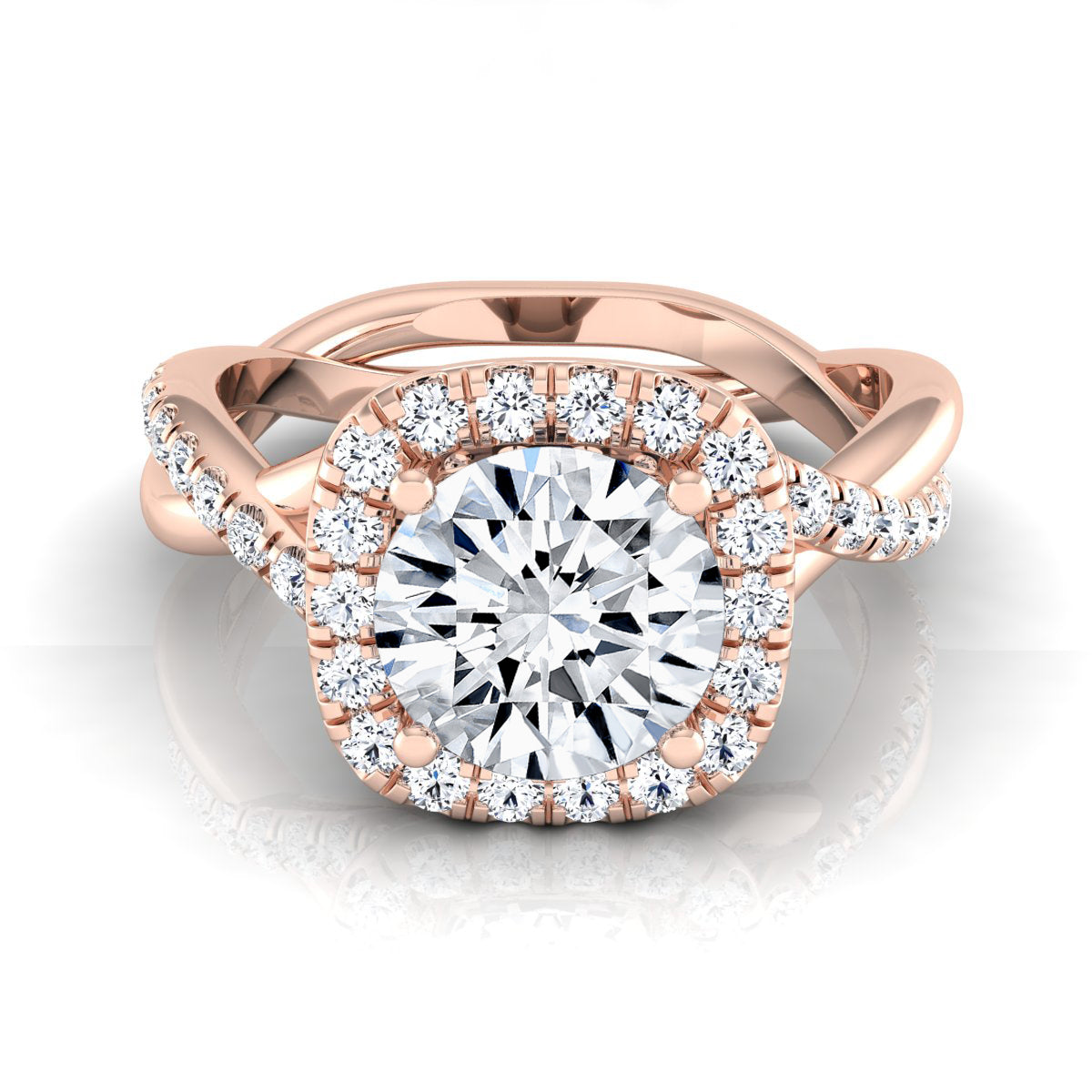 1 3/8ctw Round Diamond Halo Engagement Ring With Twist Shank In 14k Rose Gold, Igi-certified
