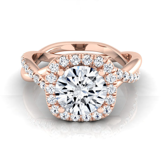 1 3/8ctw Round Diamond Halo Engagement Ring With Twist Shank In 14k Rose Gold, Igi-certified