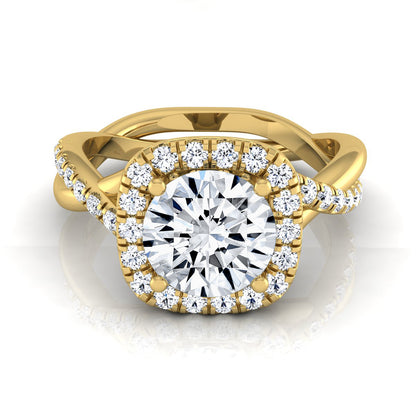 1 3/8ctw Round Diamond Halo Engagement Ring With Twist Shank In 14k Yellow Gold, Igi-certified
