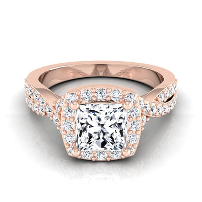 1 3/8ctw Round Diamond Square Halo Engagement Ring With Twisted Pave Shank In 14k Rose Gold, Igi-certified -