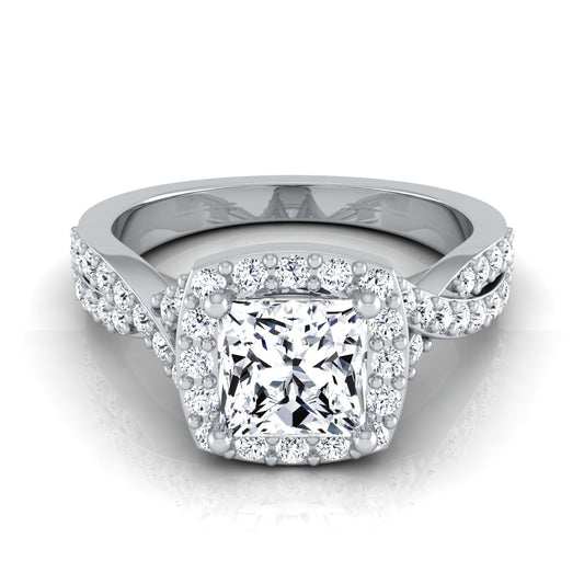 1 3/8ctw Round Diamond Square Halo Engagement Ring With Twisted Pave Shank In 14k White Gold, Igi-certified