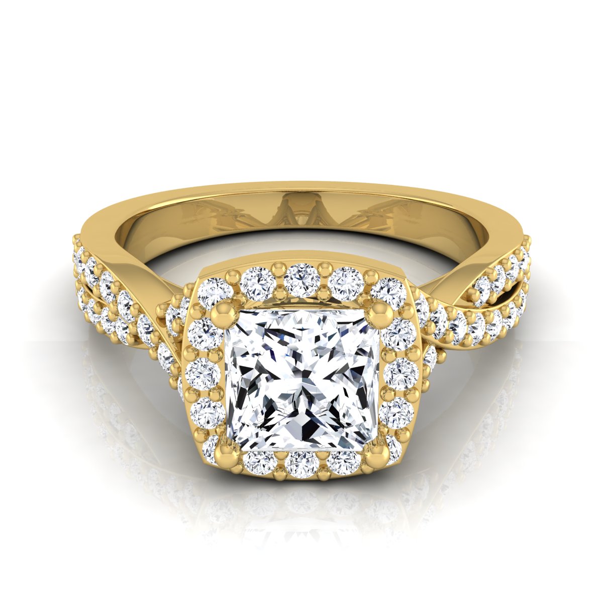 1 3/8ctw Round Diamond Square Halo Engagement Ring With Twisted Pave Shank In 14k Yellow Gold, Igi-certified