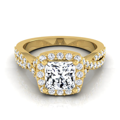 1 3/8ctw Round Diamond Square Halo Engagement Ring With Twisted Pave Shank In 14k Yellow Gold, Igi-certified