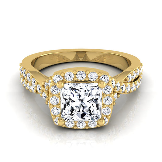1 3/8ctw Round Diamond Square Halo Engagement Ring With Twisted Pave Shank In 14k Yellow Gold, Igi-certified