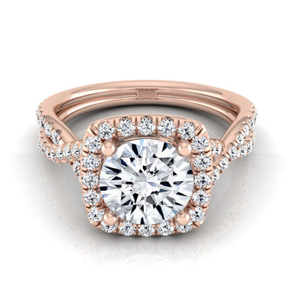1 3/8ctw Round Diamond Square Halo Engagement Ring With Twisted Pave Shank In 14k Rose Gold, Igi-certified