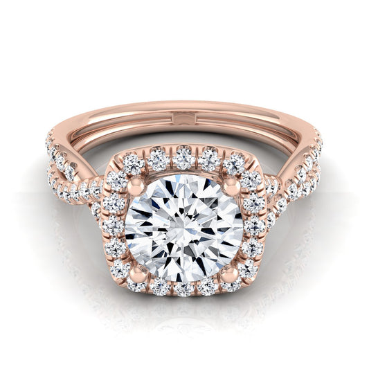 1 3/8ctw Round Diamond Square Halo Engagement Ring With Twisted Pave Shank In 14k Rose Gold, Igi-certified