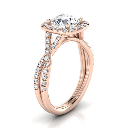 1 3/8ctw Round Diamond Square Halo Engagement Ring With Twisted Pave Shank In 14k Rose Gold, Igi-certified