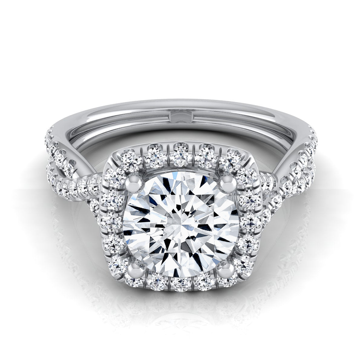 1 3/8ctw Round Diamond Square Halo Engagement Ring With Twisted Pave Shank In 14k White Gold, Igi-certified