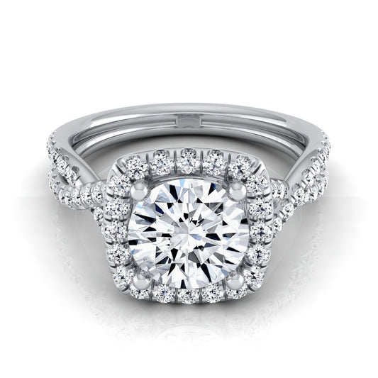 1 3/8ctw Round Diamond Square Halo Engagement Ring With Twisted Pave Shank In 14k White Gold, Igi-certified
