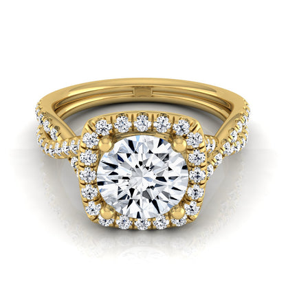 1 3/8ctw Round Diamond Square Halo Engagement Ring With Twisted Pave Shank In 14k Yellow Gold, Igi-certified