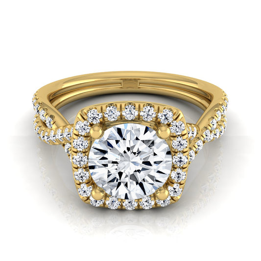 1 3/8ctw Round Diamond Square Halo Engagement Ring With Twisted Pave Shank In 14k Yellow Gold, Igi-certified