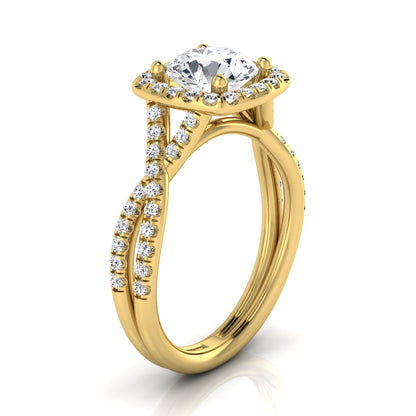 1 3/8ctw Round Diamond Square Halo Engagement Ring With Twisted Pave Shank In 14k Yellow Gold, Igi-certified