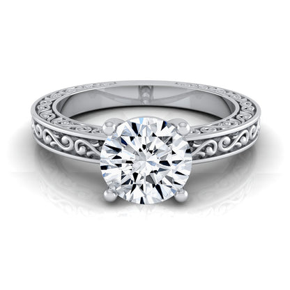 1ct Round Diamond Solitaire Engagement Ring With Scroll Detail Shank In 14k White Gold, Igi-certified