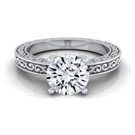 1ct Round Diamond Solitaire Engagement Ring With Scroll Detail Shank In 14k White Gold, Igi-certified