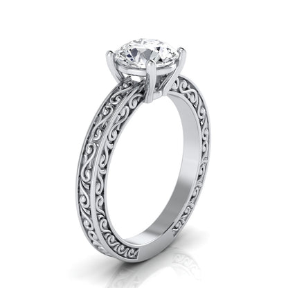 1ct Round Diamond Solitaire Engagement Ring With Scroll Detail Shank In 14k White Gold, Igi-certified