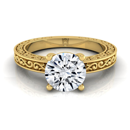 1ct Round Diamond Solitaire Engagement Ring With Scroll Detail Shank In 14k Yellow Gold, Igi-certified