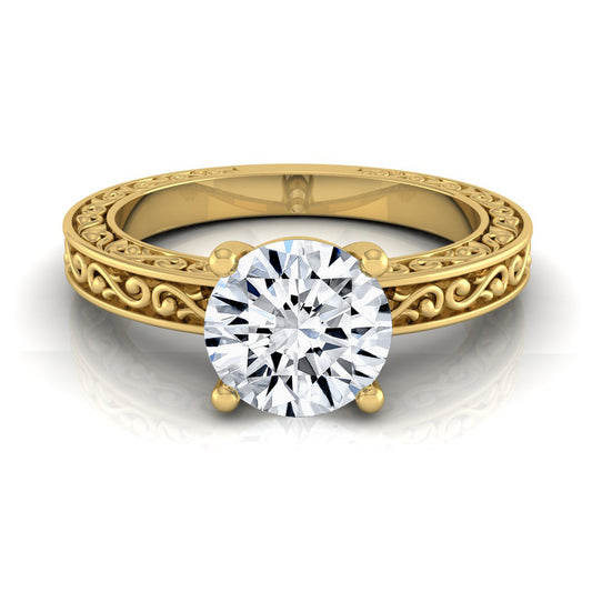 1ct Round Diamond Solitaire Engagement Ring With Scroll Detail Shank In 14k Yellow Gold, Igi-certified