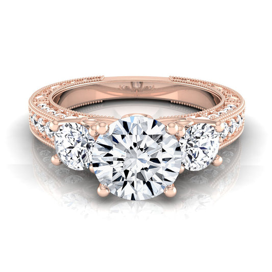 1 7/8ctw Round 3 Stone Engagement Ring With Diamond Pave Shank In 14k Rose Gold, Igi-certified