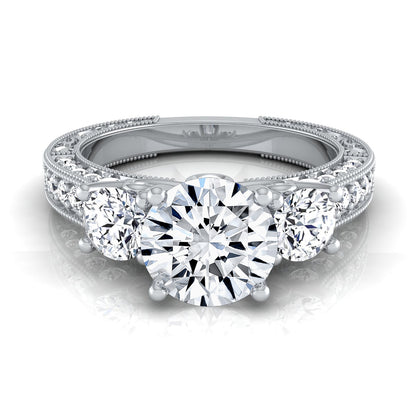 1 7/8ctw Round 3 Stone Engagement Ring With Diamond Pave Shank In 14k White Gold, Igi-certified