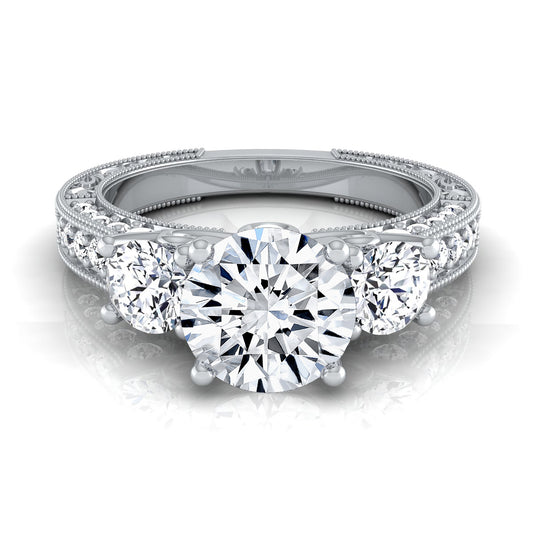 1 7/8ctw Round 3 Stone Engagement Ring With Diamond Pave Shank In 14k White Gold, Igi-certified