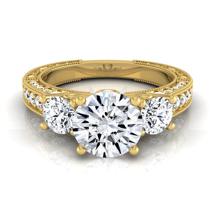 1 7/8ctw Round 3 Stone Engagement Ring With Diamond Pave Shank In 14k Yellow Gold, Igi-certified