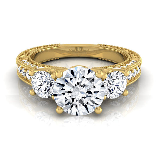 1 7/8ctw Round 3 Stone Engagement Ring With Diamond Pave Shank In 14k Yellow Gold, Igi-certified