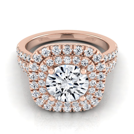 1 4/5ctw Round Diamond Double Square Halo Engagement Ring With Pave Split Shank In 14k Rose Gold, Igi-certified