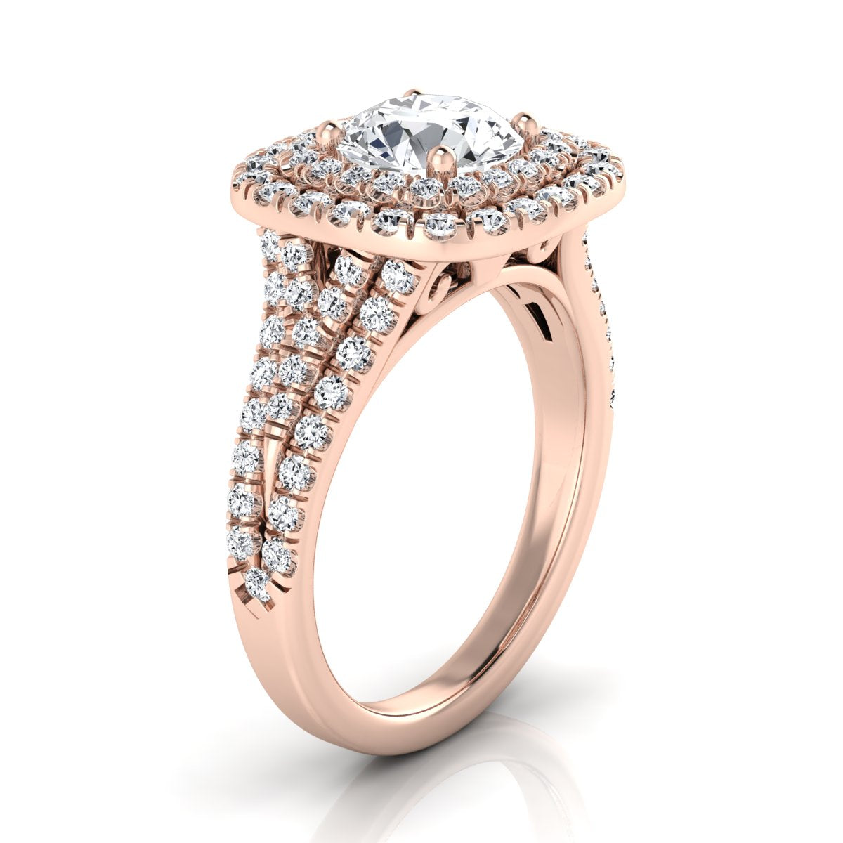 1 4/5ctw Round Diamond Double Square Halo Engagement Ring With Pave Split Shank In 14k Rose Gold, Igi-certified