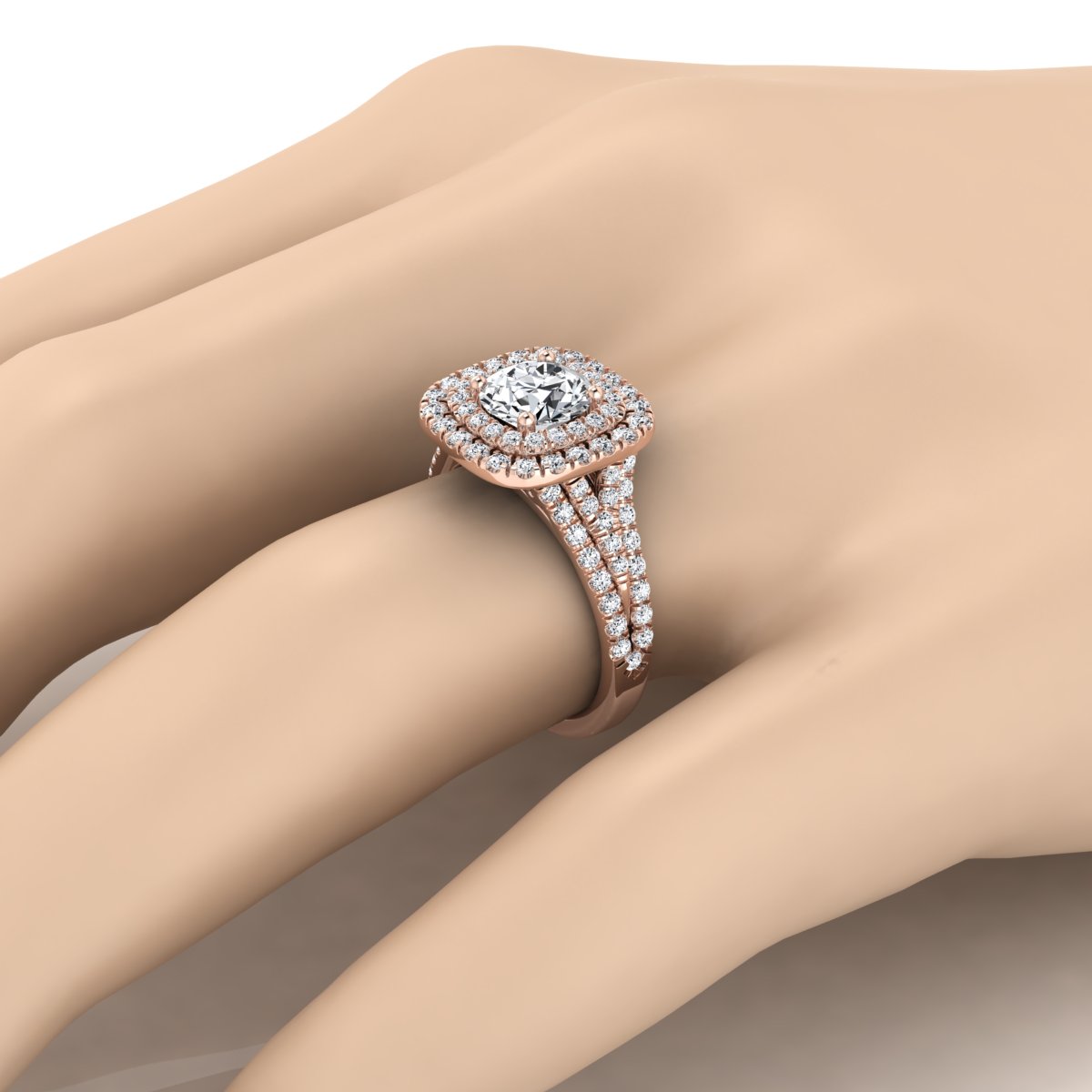 1 4/5ctw Round Diamond Double Square Halo Engagement Ring With Pave Split Shank In 14k Rose Gold, Igi-certified