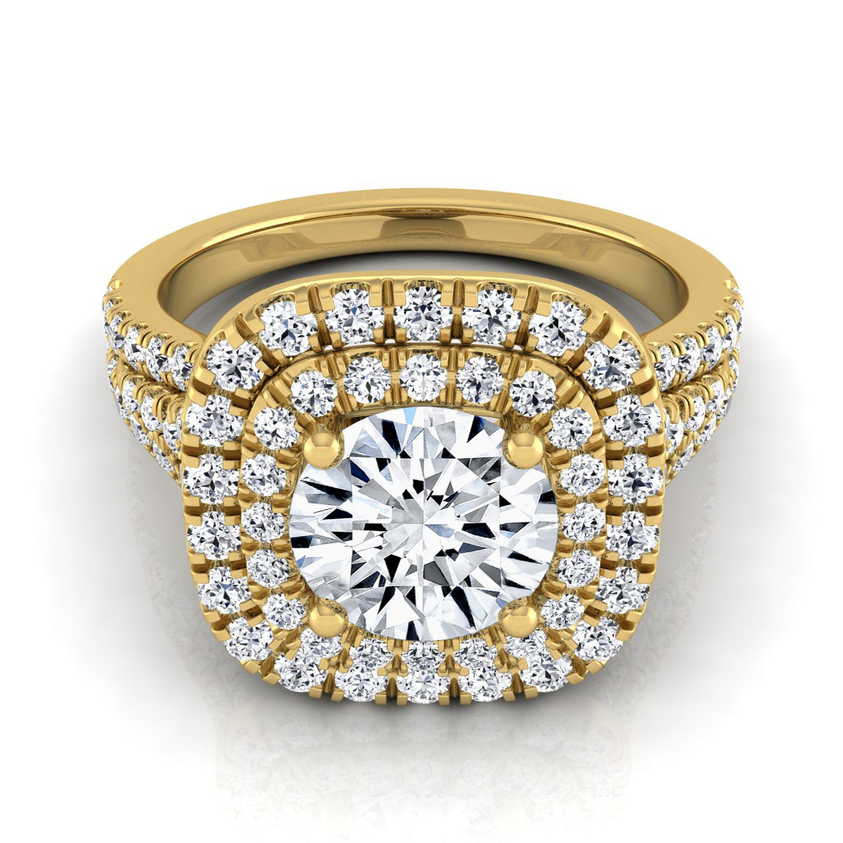 1 4/5ctw Round Diamond Double Square Halo Engagement Ring With Pave Split Shank In 14k Yellow Gold, Igi-certified