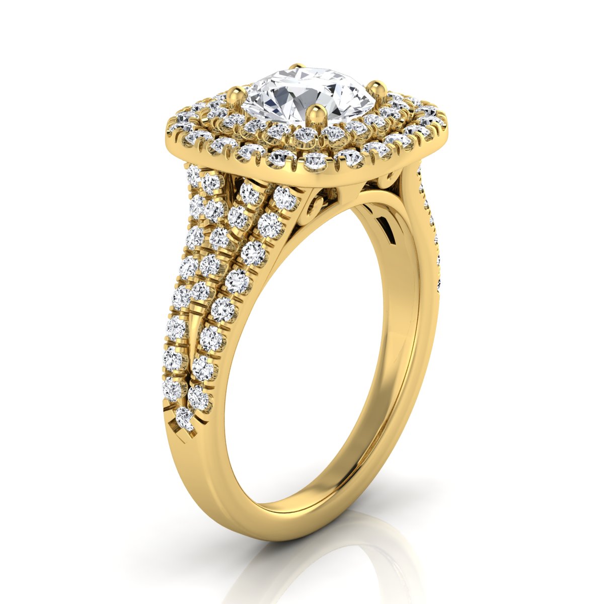 1 4/5ctw Round Diamond Double Square Halo Engagement Ring With Pave Split Shank In 14k Yellow Gold, Igi-certified
