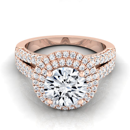 1 9/10ctw Round Diamond Double Halo Engagement Ring With Split Pave Shank In 14k Rose Gold, Igi-certified
