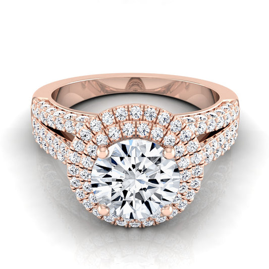 1 9/10ctw Round Diamond Double Halo Engagement Ring With Split Pave Shank In 14k Rose Gold, Igi-certified