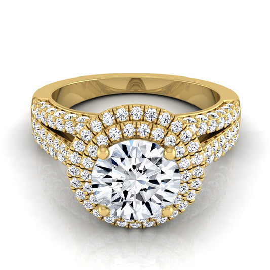 1 9/10ctw Round Diamond Double Halo Engagement Ring With Split Pave Shank In 14k Yellow Gold, Igi-certified