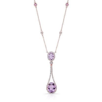 Amethyst, Pink Tourmaline And Diamond Pendant Pendulum Necklace In 14k Rose Gold