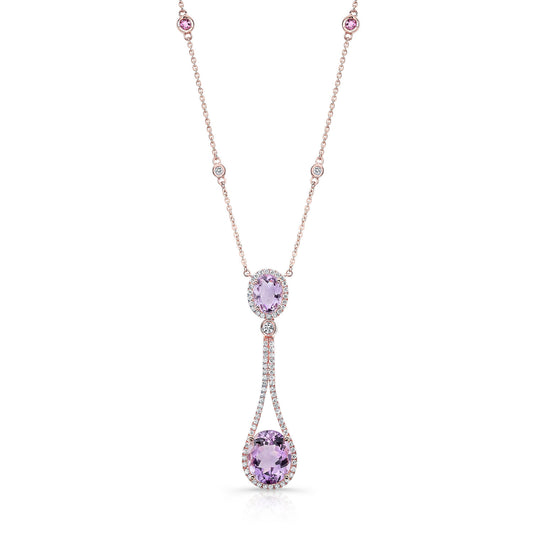 Amethyst, Pink Tourmaline And Diamond Pendant Pendulum Necklace In 14k Rose Gold