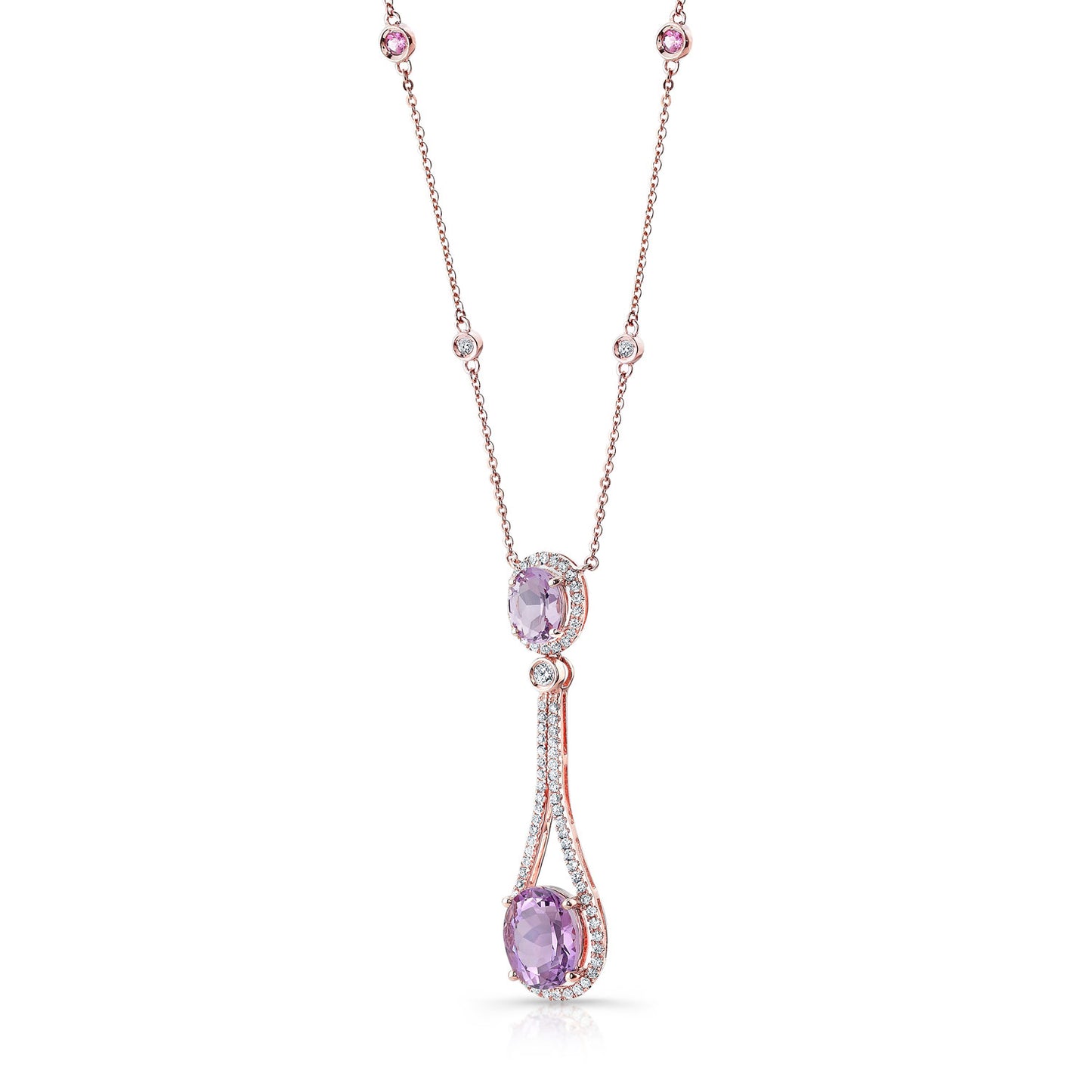 Amethyst, Pink Tourmaline And Diamond Pendant Pendulum Necklace In 14k Rose Gold
